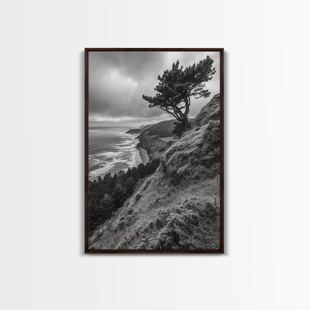 Lone Tree, Ocean Bluff, Windy Coastline, Canvas Print, Coastal Landscape Wall Art, Moody Nature Decor, Minimalist Vibe, Coastal Wall Art