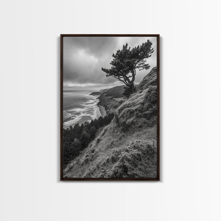 Lone Tree, Ocean Bluff, Windy Coastline, Canvas Print, Coastal Landscape Wall Art, Moody Nature Decor, Minimalist Vibe, Coastal Wall Art