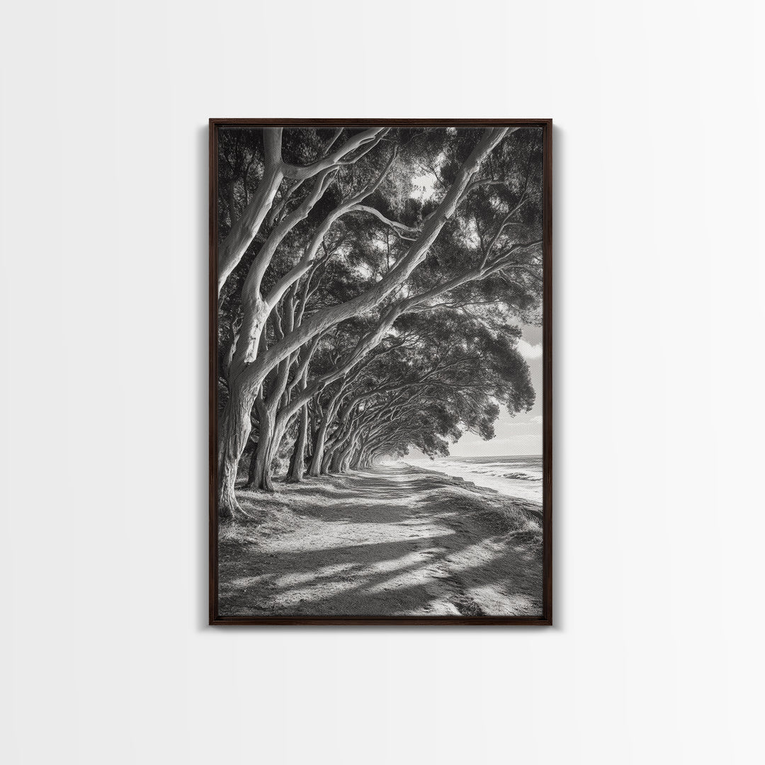 Coastal Tree Path, Nature Shadows, Ocean Breeze, Autumn Light, Framed Canvas Print, Living Room Wall Art, Moody Landscape Photography