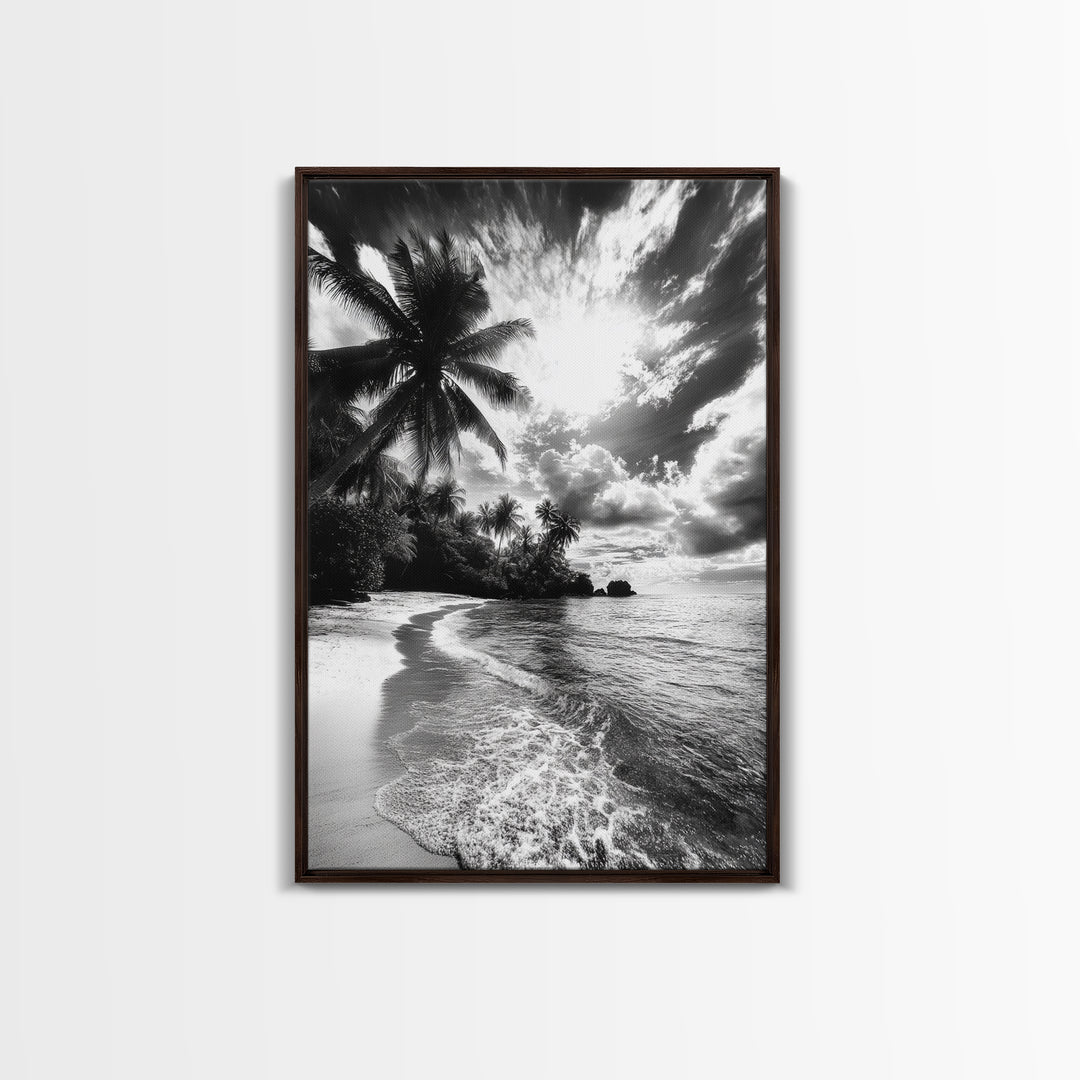 Tropical Sunset Beach, Palms and Waves, Cloudy Skies, Island Vibes, Framed Canvas Print, Coastal Wall Art, Beach House Decor