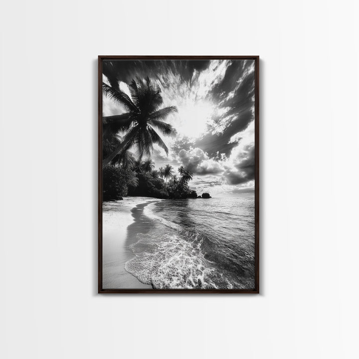 Tropical Sunset Beach, Palms and Waves, Cloudy Skies, Island Vibes, Framed Canvas Print, Coastal Wall Art, Beach House Decor