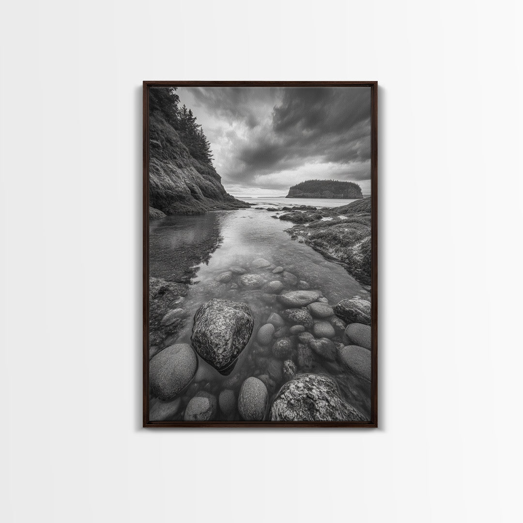 Rocky Shoreline Calm, Pebble Tidepool, Ocean Cliffs, Nature Escape, Canvas Print, Bathroom Wall Art, Black and White Coastal Art