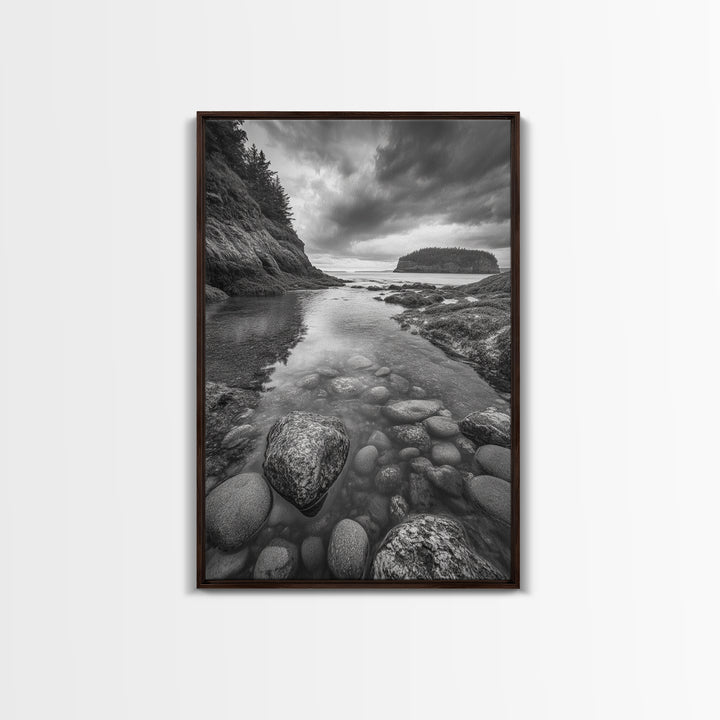 Rocky Shoreline Calm, Pebble Tidepool, Ocean Cliffs, Nature Escape, Canvas Print, Bathroom Wall Art, Black and White Coastal Art