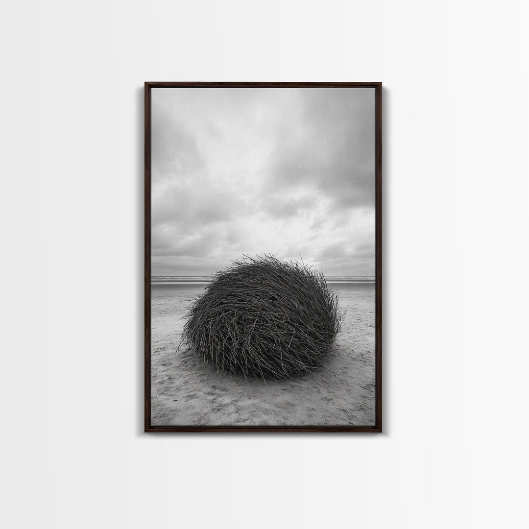 Windswept Beach Nest, Natural Sculpture, Driftwood Ball, Solitude Scene, Canvas Print, Minimalist Wall Art, Neutral Bedroom Decor