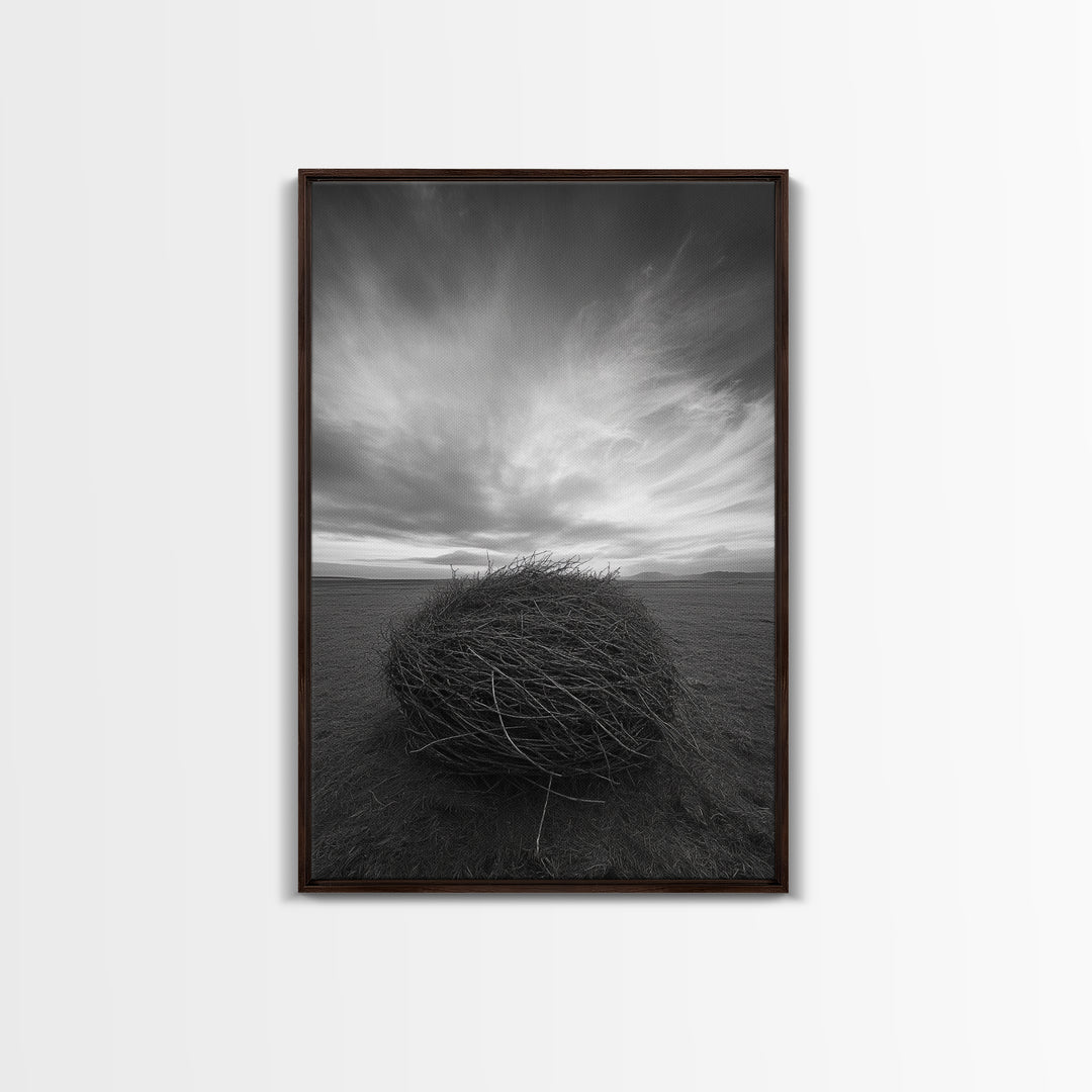 Twilight Field Nest, Tumbleweed Art, Desert Calm, Grassy Plains, Framed Canvas Print, Entryway Wall Art, Boho Nature Landscape