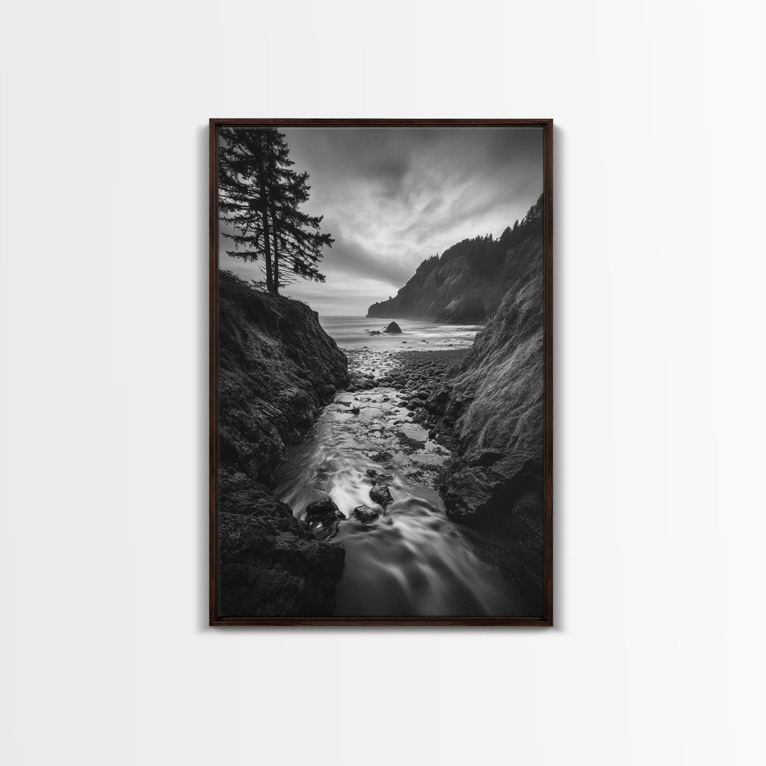 River Meets Sea, Forest Coast, Rugged Beauty, Sunset Flow, Canvas Print, Nature Wall Art, Moody Living Room Landscape