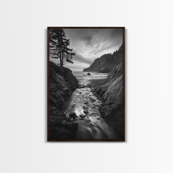 River Meets Sea, Forest Coast, Rugged Beauty, Sunset Flow, Canvas Print, Nature Wall Art, Moody Living Room Landscape