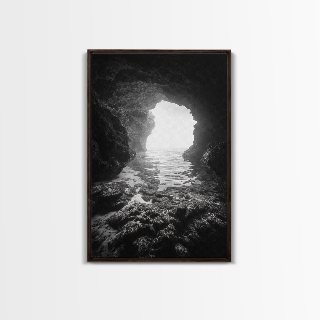 Sea Cave Entrance, Ocean Grotto, Light Escape, Rocky Tide, Canvas Print, Bathroom Wall Art, Black and White Seascape Photo