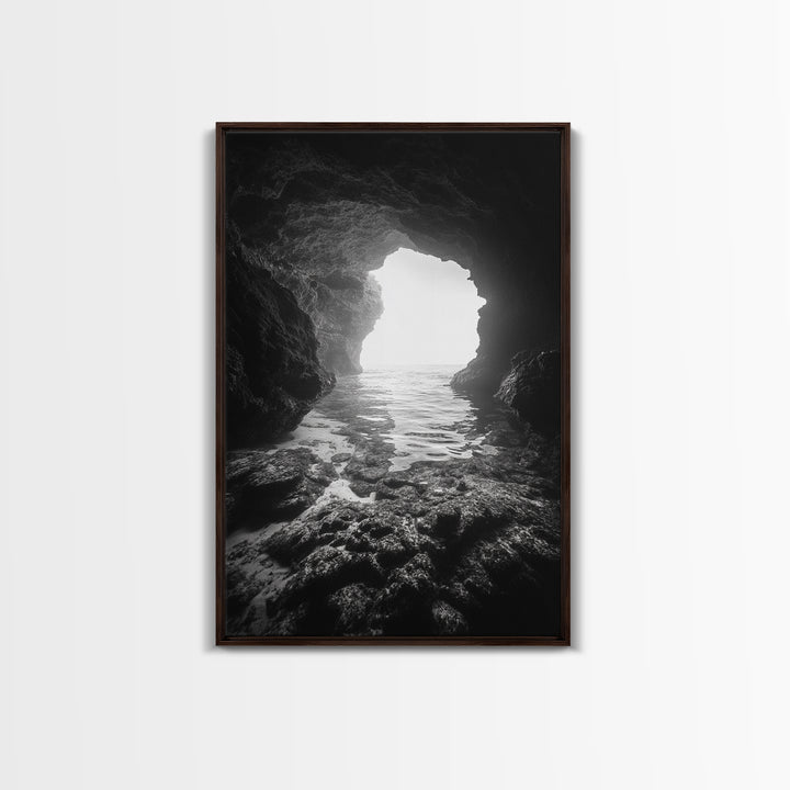 Sea Cave Entrance, Ocean Grotto, Light Escape, Rocky Tide, Canvas Print, Bathroom Wall Art, Black and White Seascape Photo