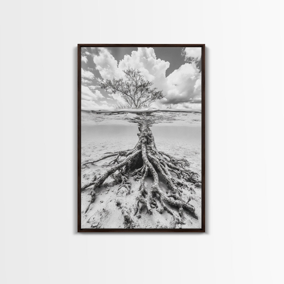 Half Underwater Tree, Split View Nature, Aquatic Roots, Stormy Skies, Framed Canvas Print, Coastal Wall Art, Unique Nature Photography