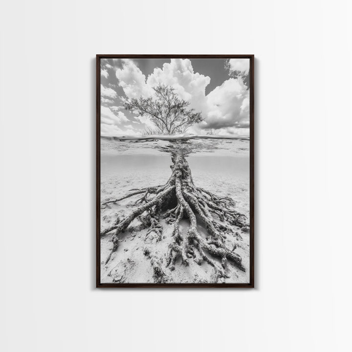 Half Underwater Tree, Split View Nature, Aquatic Roots, Stormy Skies, Framed Canvas Print, Coastal Wall Art, Unique Nature Photography