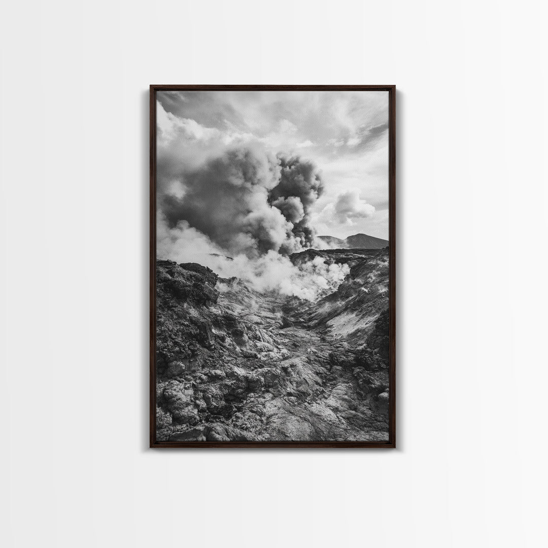 Volcanic Eruption Smoke, Lava Rocks, Earth Energy, Fiery Terrain, Framed Canvas Print, Office Wall Art, Dramatic Nature Landscape