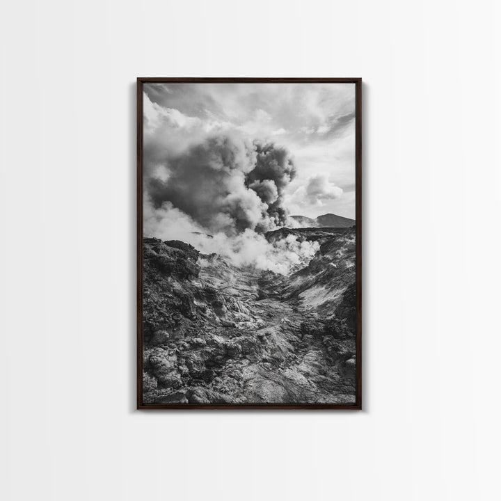 Volcanic Eruption Smoke, Lava Rocks, Earth Energy, Fiery Terrain, Framed Canvas Print, Office Wall Art, Dramatic Nature Landscape