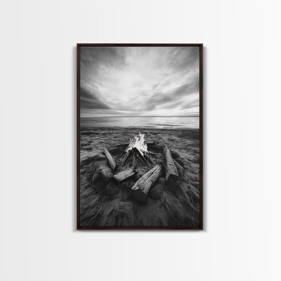 Coastal campfire glow, serene seaside bonfire, sunset flames, sandy warmth, Framed Canvas Print, Fall decor, cozy cabin wall art