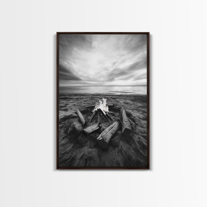 Coastal campfire glow, serene seaside bonfire, sunset flames, sandy warmth, Framed Canvas Print, Fall decor, cozy cabin wall art