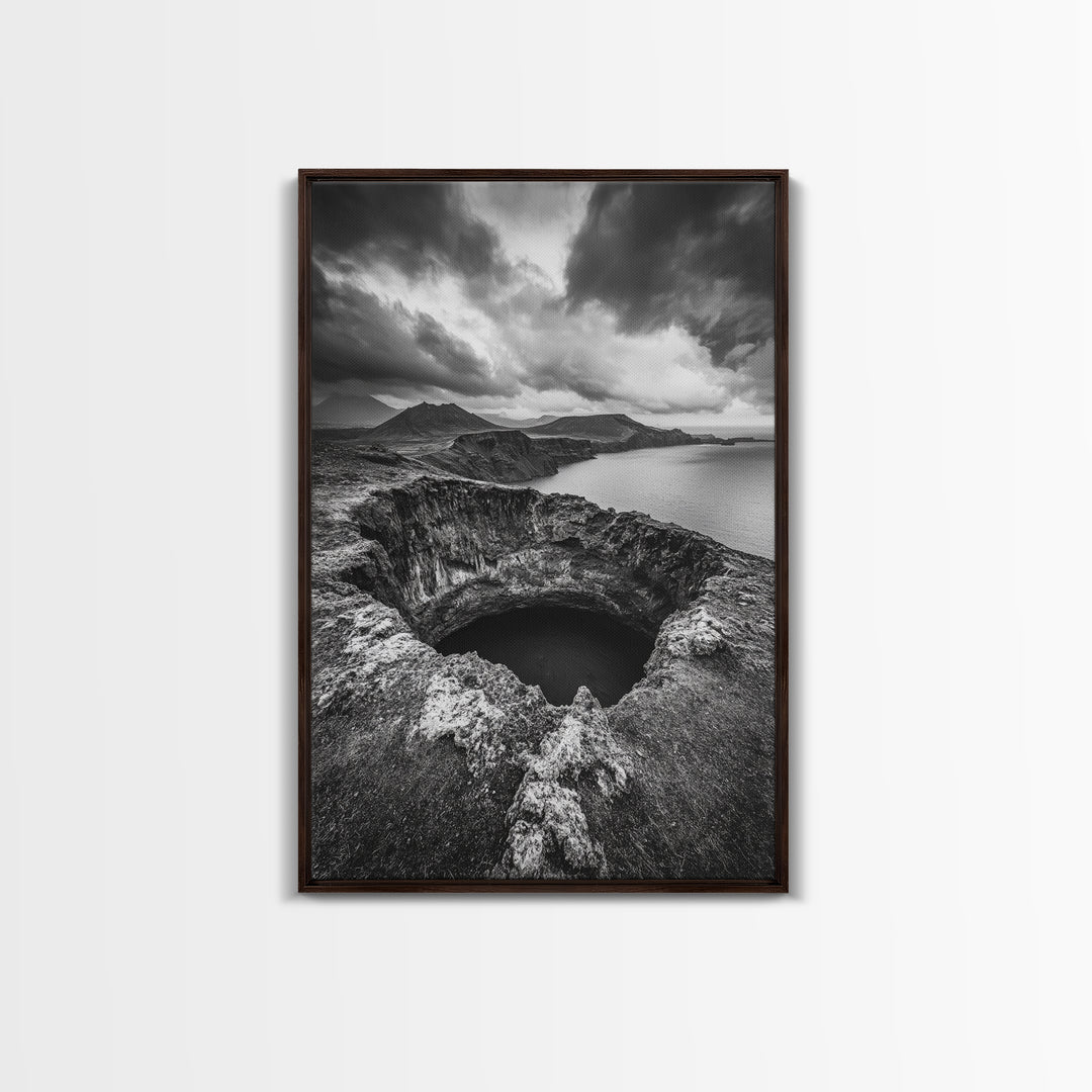 Crater Overlook Coast, Stormy Sky Mountains, Ocean Cliffs, Rugged Wilderness, Canvas Print, Den Wall Art, Moody Black and White Art