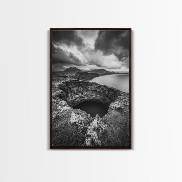 Crater Overlook Coast, Stormy Sky Mountains, Ocean Cliffs, Rugged Wilderness, Canvas Print, Den Wall Art, Moody Black and White Art