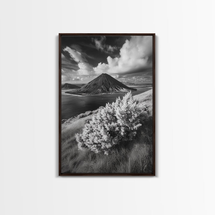 Majestic Volcano, Wild Grass, Black and White, Framed Canvas Print, Nature Photography, Office Decor, Moody Art, Rustic Wall Art