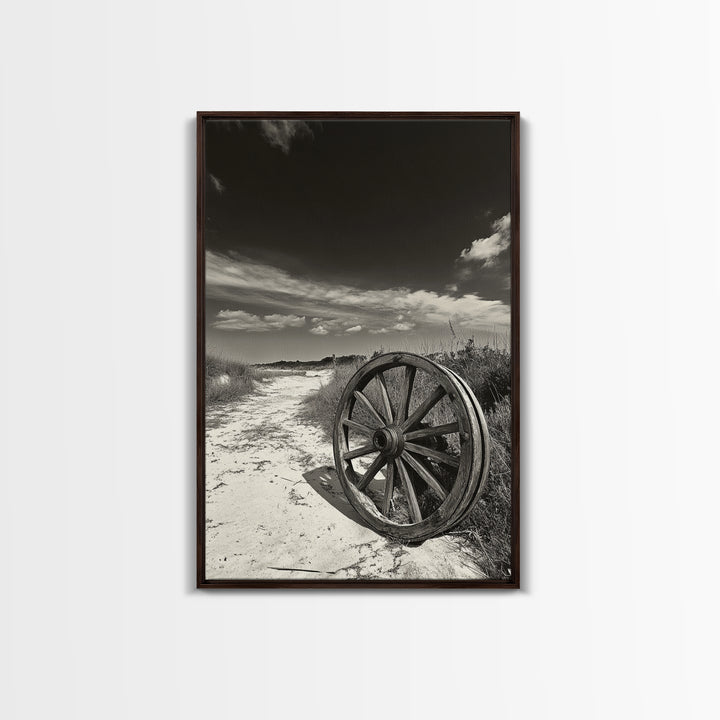 Desert Path, Wagon Wheel, Western Minimalism, Canvas Print, Boho Wall Decor, Neutral Tones, Entryway Art, Rustic Country Style