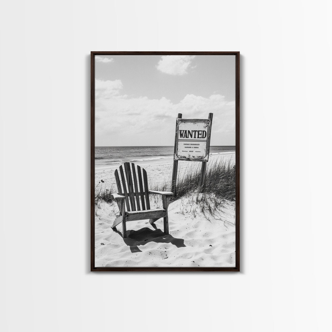 Wanted Poster, Beach Chair, Western Humor, Framed Canvas Print, Man Cave Decor, Coastal Country Style, Black and White Photography