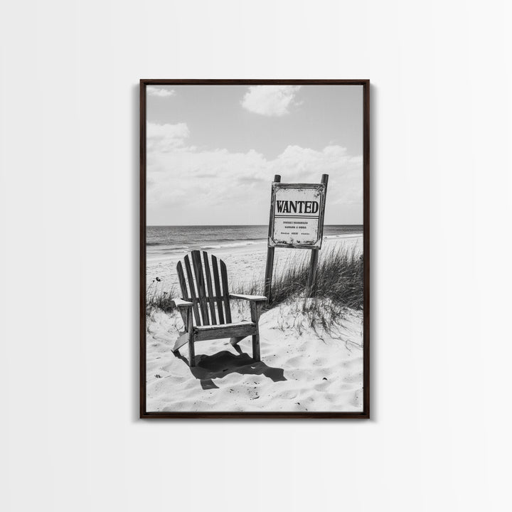 Wanted Poster, Beach Chair, Western Humor, Framed Canvas Print, Man Cave Decor, Coastal Country Style, Black and White Photography
