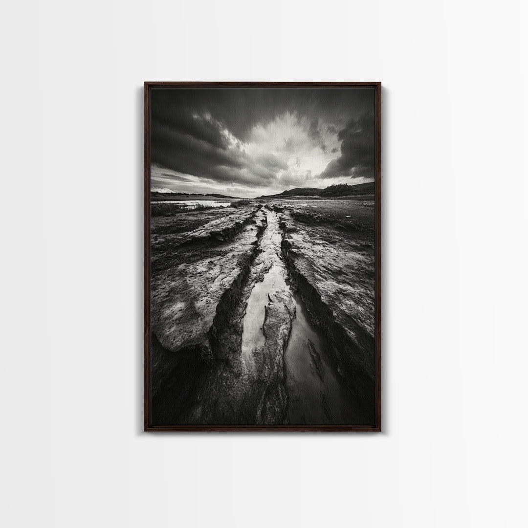 Muddy Terrain, Dramatic Sky, Natural Earth Art, Framed Canvas Print, Fall Decor, Landscape Photography, Moody Living Room Art