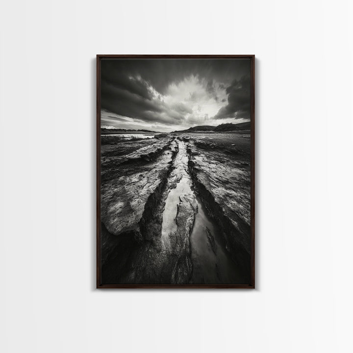 Muddy Terrain, Dramatic Sky, Natural Earth Art, Framed Canvas Print, Fall Decor, Landscape Photography, Moody Living Room Art