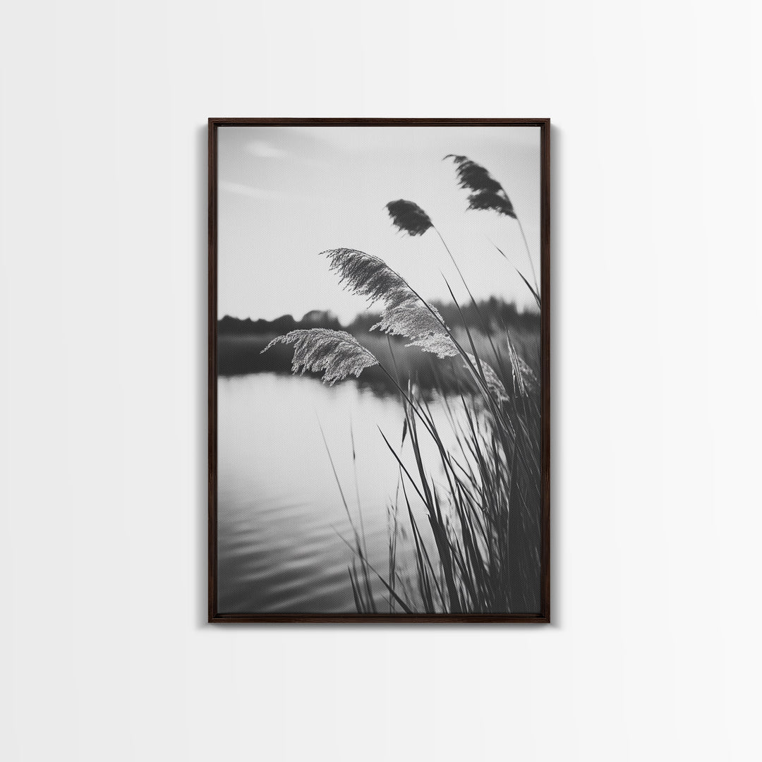 Reed Grass, Gentle Breeze, Black and White Nature, Canvas Print, Minimalist Wall Art, Tranquil Lake Scene, Bedroom Decor