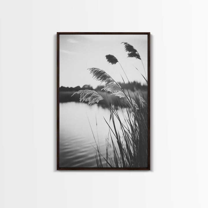 Reed Grass, Gentle Breeze, Black and White Nature, Canvas Print, Minimalist Wall Art, Tranquil Lake Scene, Bedroom Decor