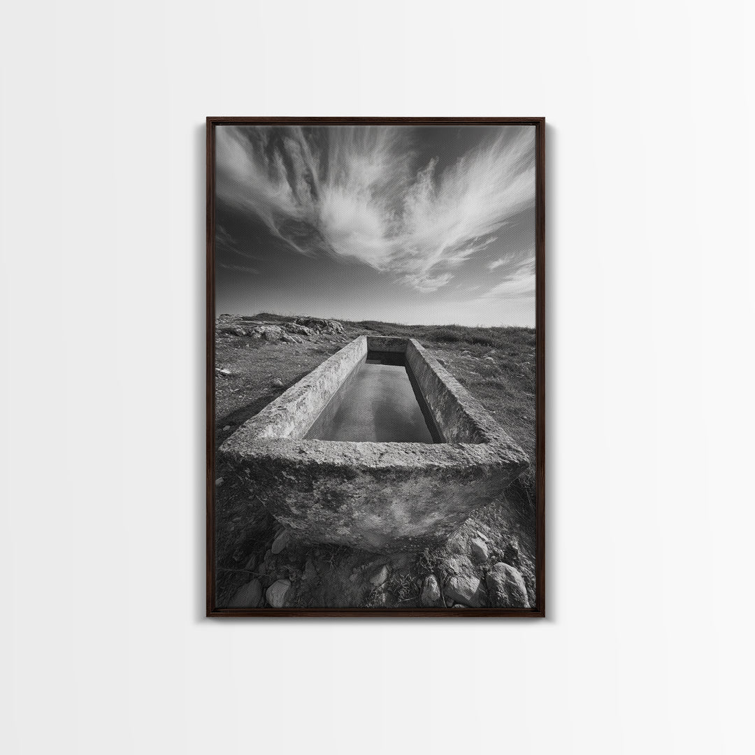 Stone Water Trough, Wild Horizon, Rustic Scene, Framed Canvas Print, Country Farm Decor, Outdoor Living Art, Neutral Wall Accent