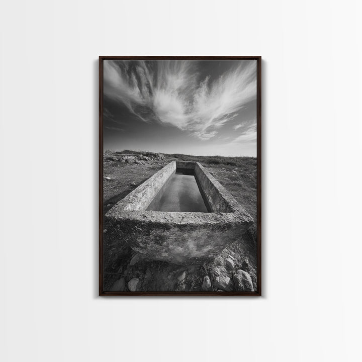 Stone Water Trough, Wild Horizon, Rustic Scene, Framed Canvas Print, Country Farm Decor, Outdoor Living Art, Neutral Wall Accent