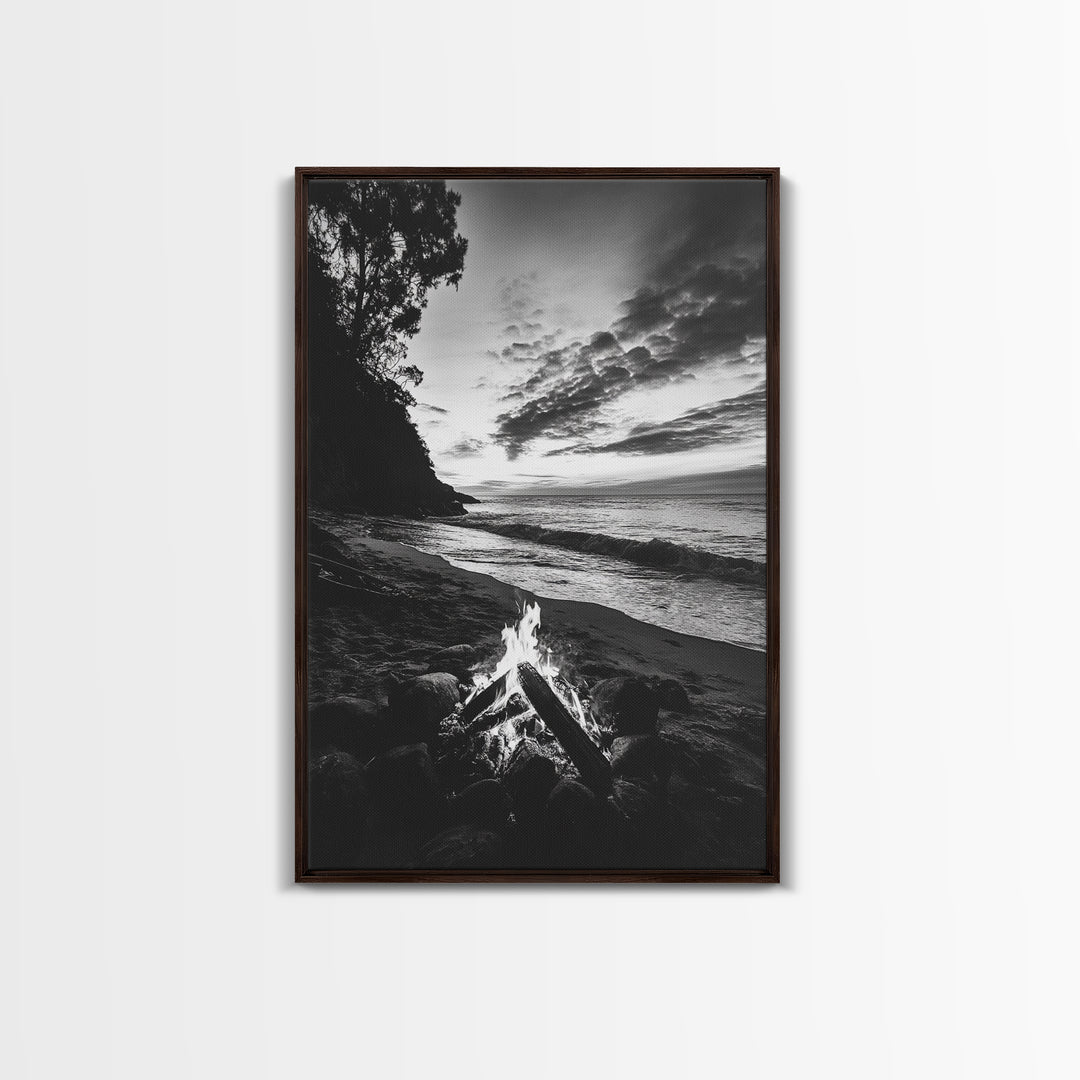 Shoreline fire night, beach flames, evening waves, rustic warmth, Canvas Print, Autumn decor, outdoor adventure minimalist wall art