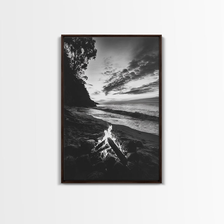 Shoreline fire night, beach flames, evening waves, rustic warmth, Canvas Print, Autumn decor, outdoor adventure minimalist wall art