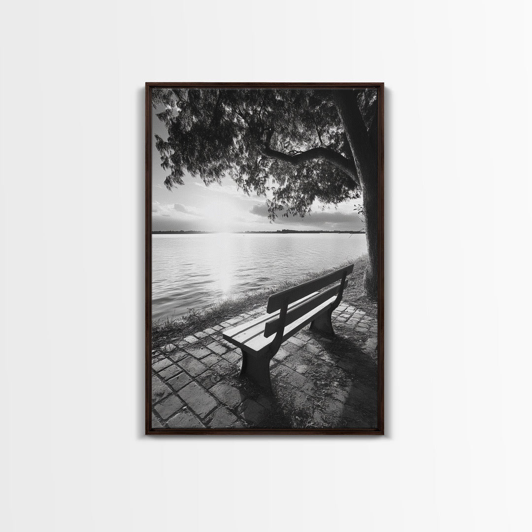 Peaceful Lake Bench, Tranquil Sunrise, Tree Shade View, Nature Serenity, Framed Canvas Print, Minimalist Art, Bedroom Wall Decor