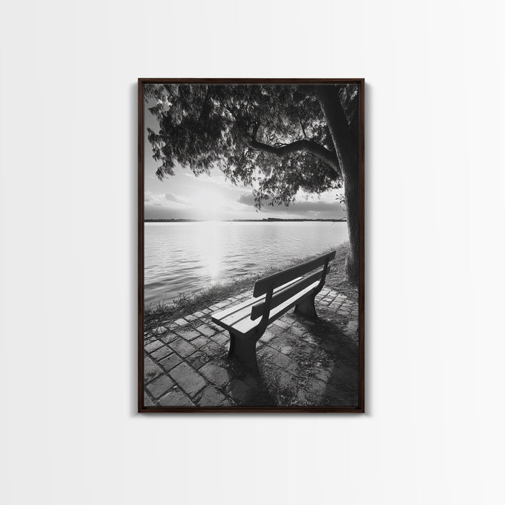 Peaceful Lake Bench, Tranquil Sunrise, Tree Shade View, Nature Serenity, Framed Canvas Print, Minimalist Art, Bedroom Wall Decor