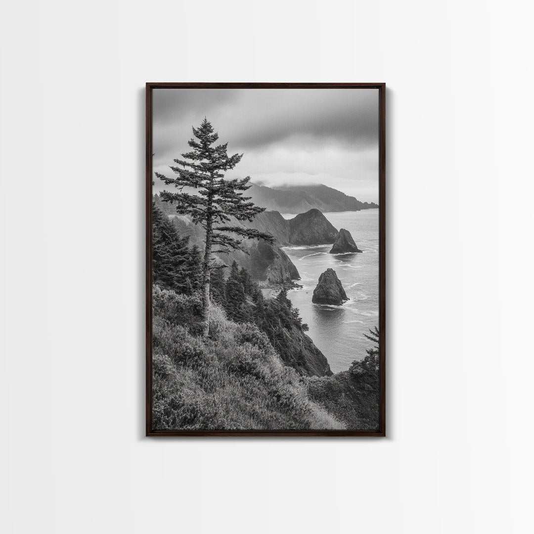 Oregon Coastline View, Misty Cliffs, Evergreen Forest, Coastal Vibes, Framed Canvas Print, Rustic Cabin Art, Living Room Wall Decor