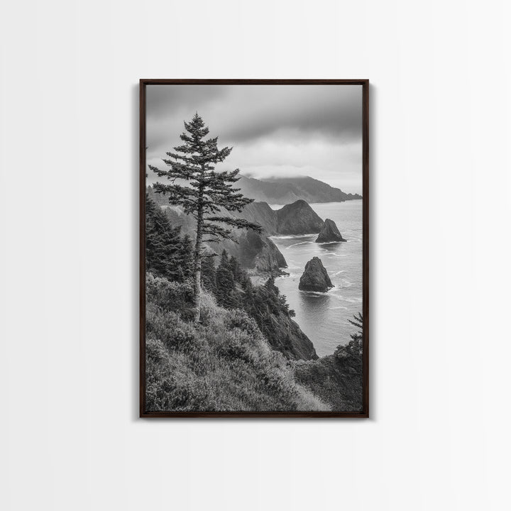 Oregon Coastline View, Misty Cliffs, Evergreen Forest, Coastal Vibes, Framed Canvas Print, Rustic Cabin Art, Living Room Wall Decor