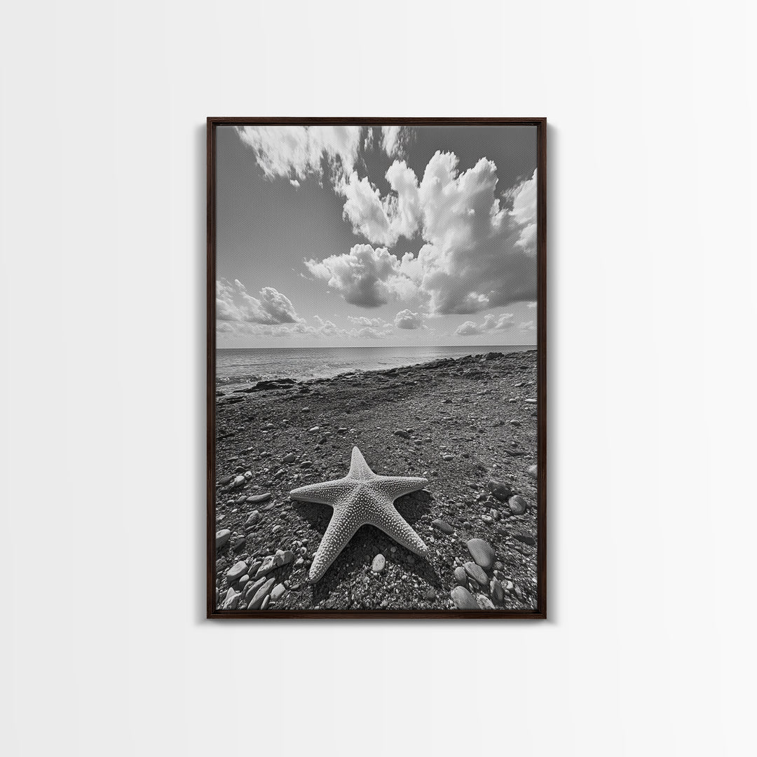 Starfish on Shore, Rocky Beach Scene, Cloudy Sky Horizon, Ocean Calm, Framed Canvas Print, Coastal Art, Bathroom Wall Decor