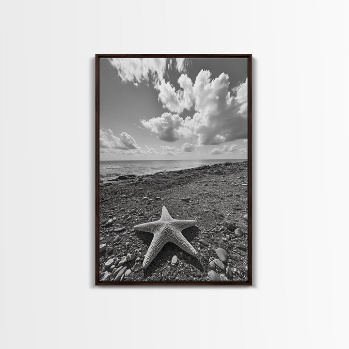 Starfish on Shore, Rocky Beach Scene, Cloudy Sky Horizon, Ocean Calm, Framed Canvas Print, Coastal Art, Bathroom Wall Decor