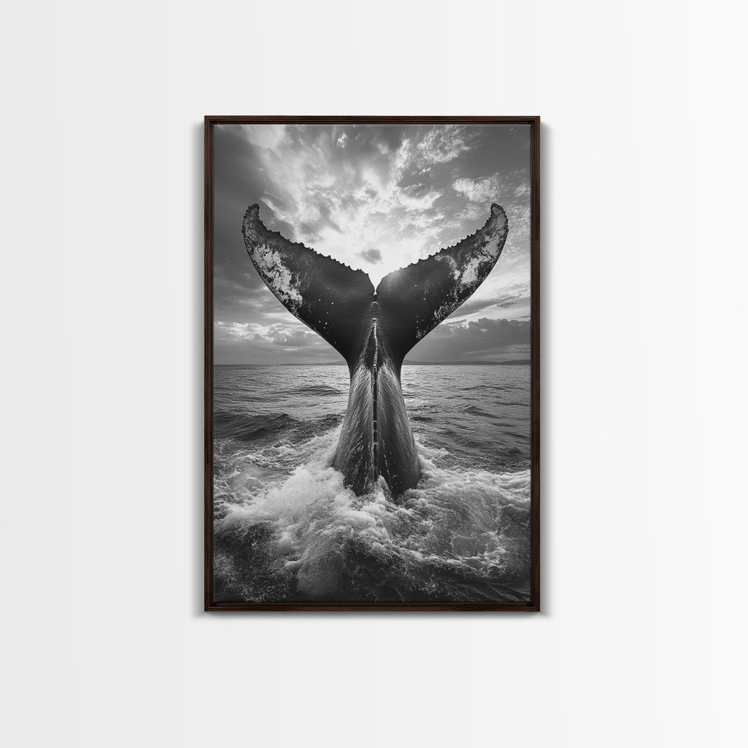 Whale Tail Splash, Ocean Sunset, Marine Majesty, Powerful Moment, Framed Canvas Print, Nautical Art, Coastal Living Room Decor