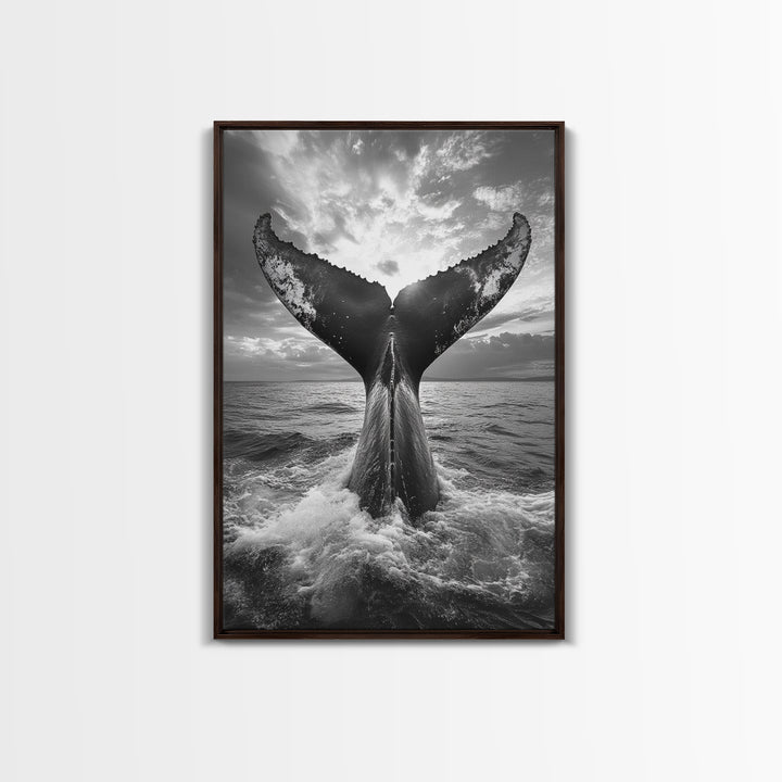 Whale Tail Splash, Ocean Sunset, Marine Majesty, Powerful Moment, Framed Canvas Print, Nautical Art, Coastal Living Room Decor