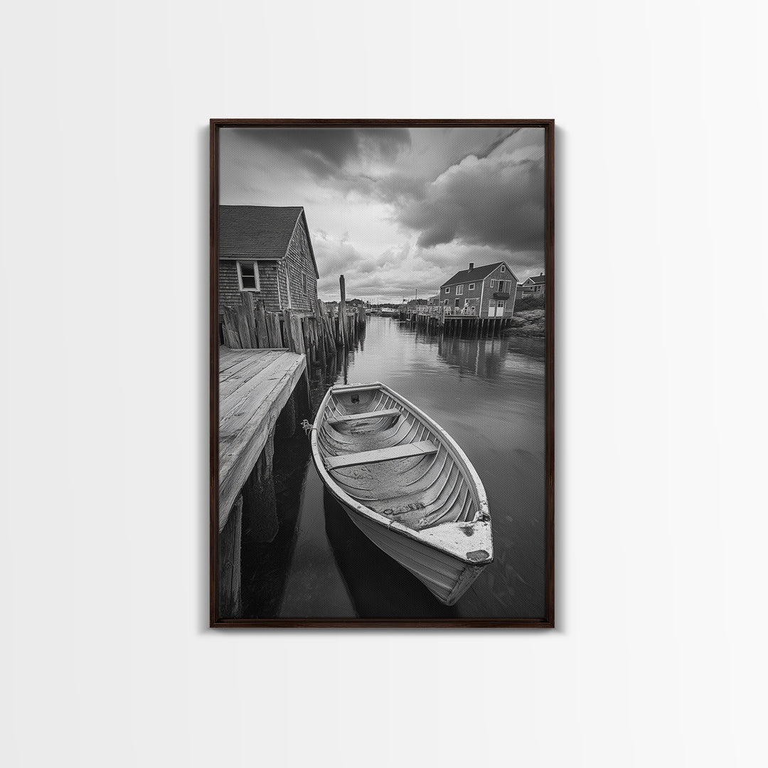 Docked Rowboat Scene, Calm Harbor, Coastal Village, Still Waters, Framed Canvas Print, Seaside Art, Beach House Wall Decor