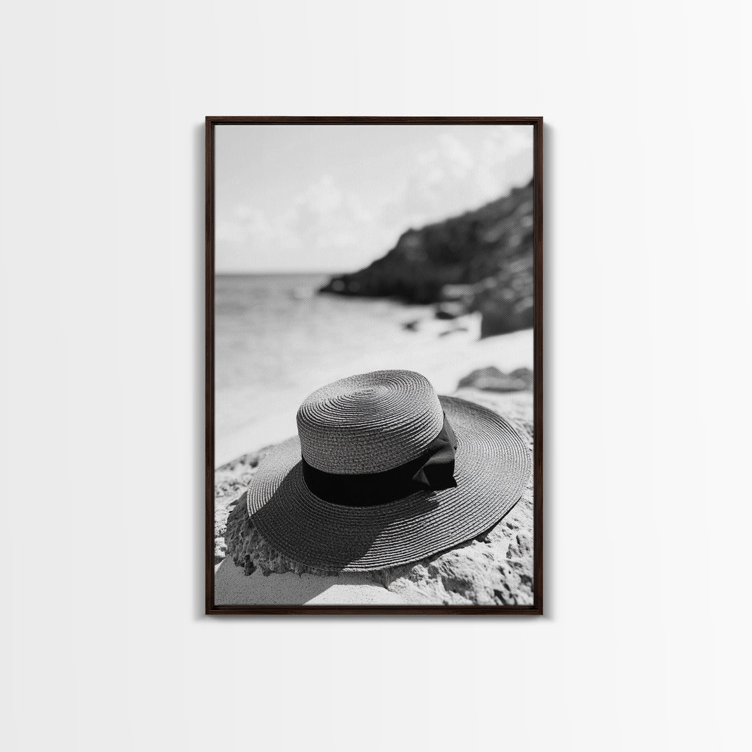 Beach Hat Closeup, Seaside Fashion, Coastal Breeze, Relaxed Mood, Framed Canvas Print, Minimalist Beach Art, Summer Home Decor