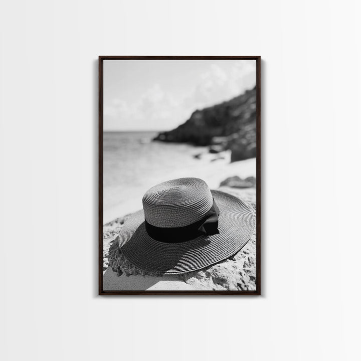 Beach Hat Closeup, Seaside Fashion, Coastal Breeze, Relaxed Mood, Framed Canvas Print, Minimalist Beach Art, Summer Home Decor