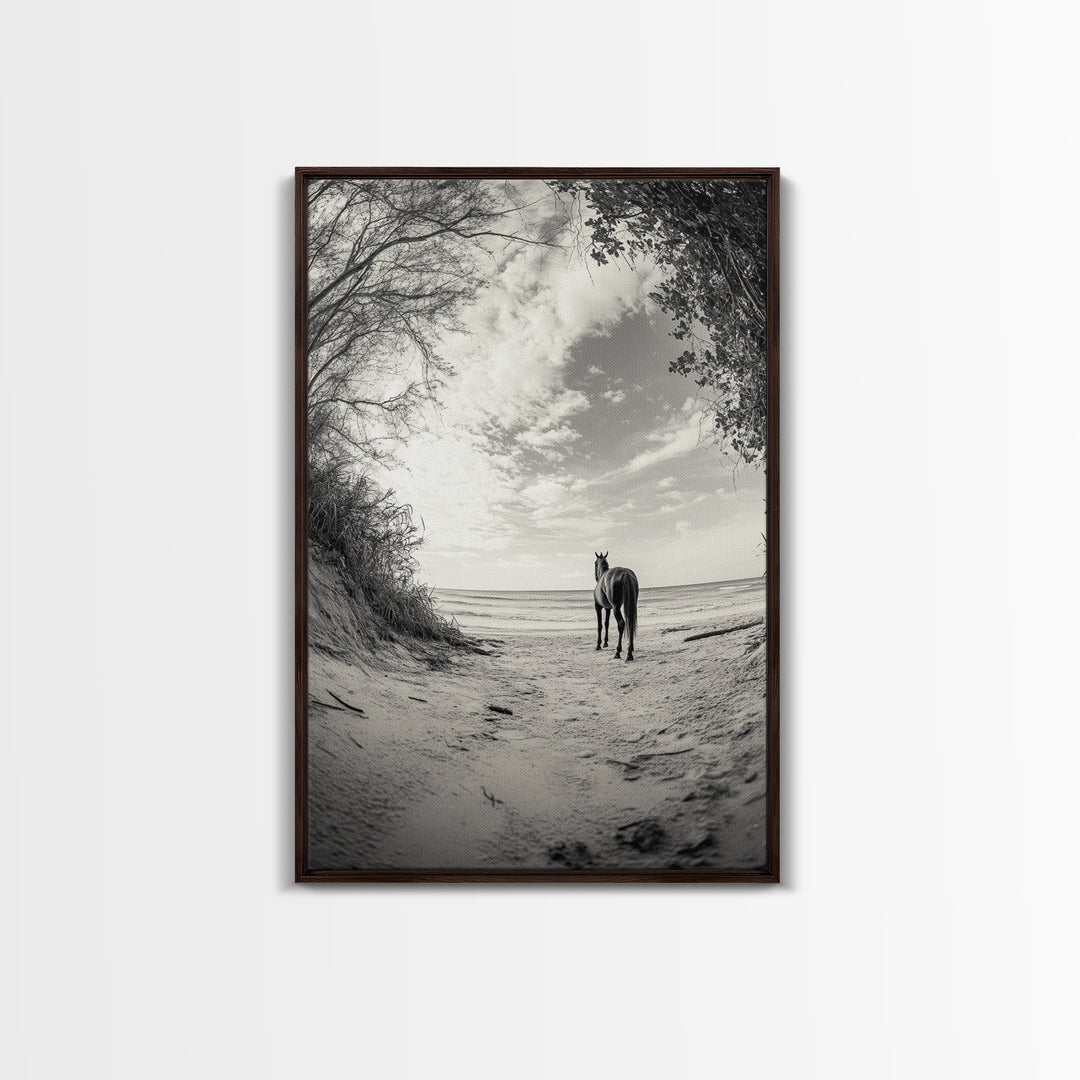 Horse on Shore, Ocean Path Scene, Wild Beauty, Serene Escape, Framed Canvas Print, Boho Wall Art, Bedroom or Entryway Decor