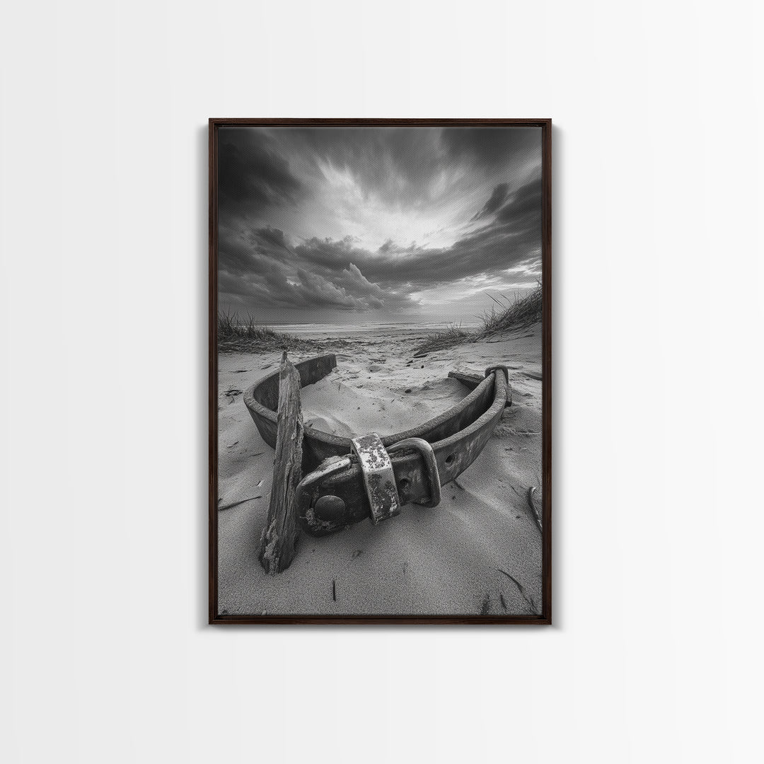 Coastal Relic, Rustic Sand Dunes, Weathered Wood, Canvas Print, Beach House Wall Art, Moody Ocean Decor, Fall Home Styling