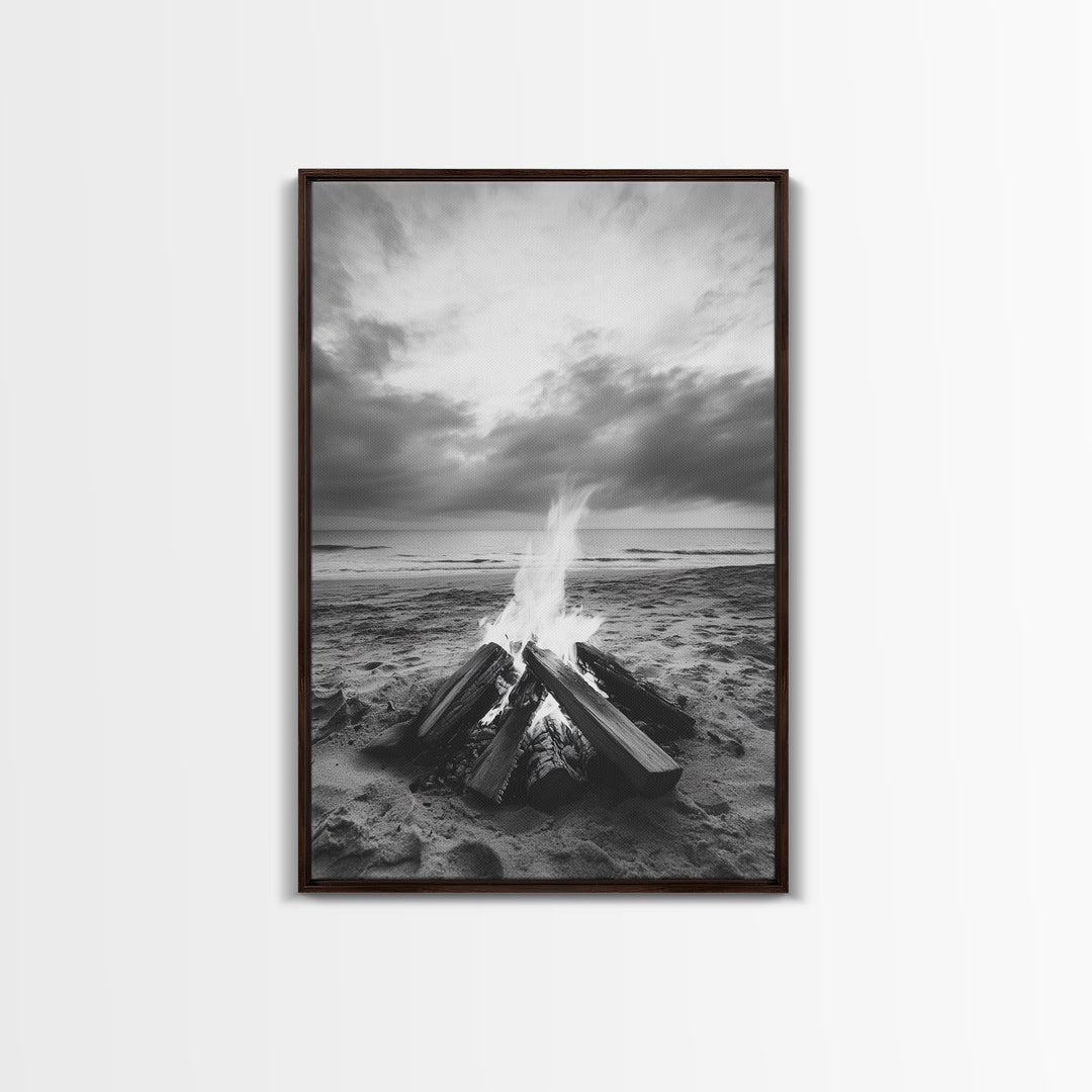 Beach bonfire moment, soft flame serenity, ocean dusk, coastal camp vibes, Framed Canvas Print, Fall decor, hygge inspired wall decor