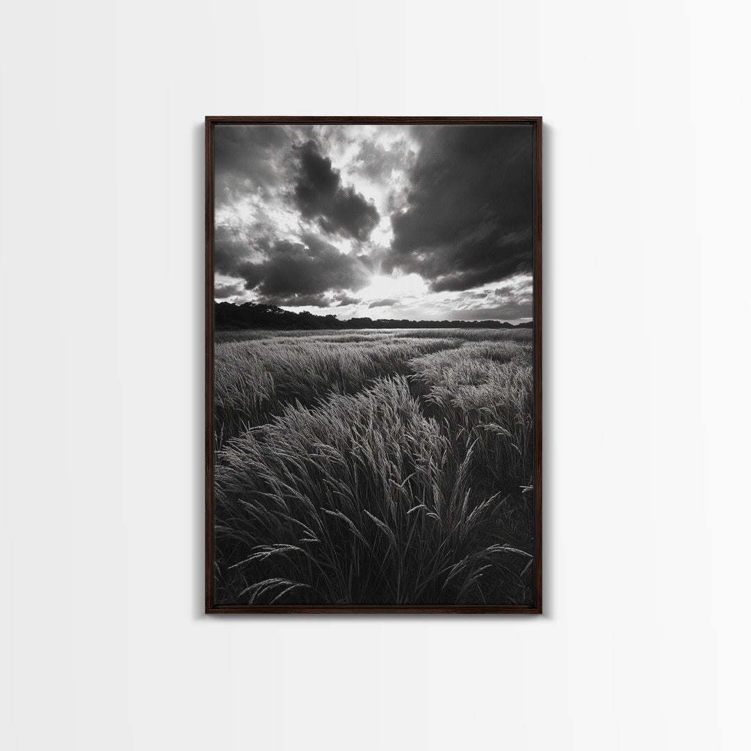 Golden Grass Field, Dramatic Sunset, Autumn Skies, Nature Movement, Framed Canvas Print, Fall Landscape Art, Living Room Decor