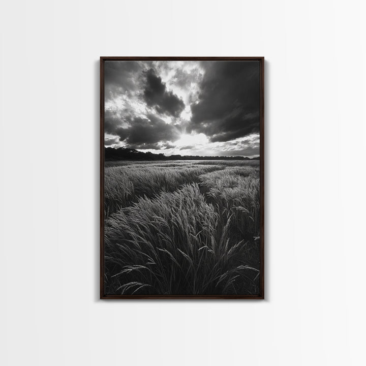 Golden Grass Field, Dramatic Sunset, Autumn Skies, Nature Movement, Framed Canvas Print, Fall Landscape Art, Living Room Decor