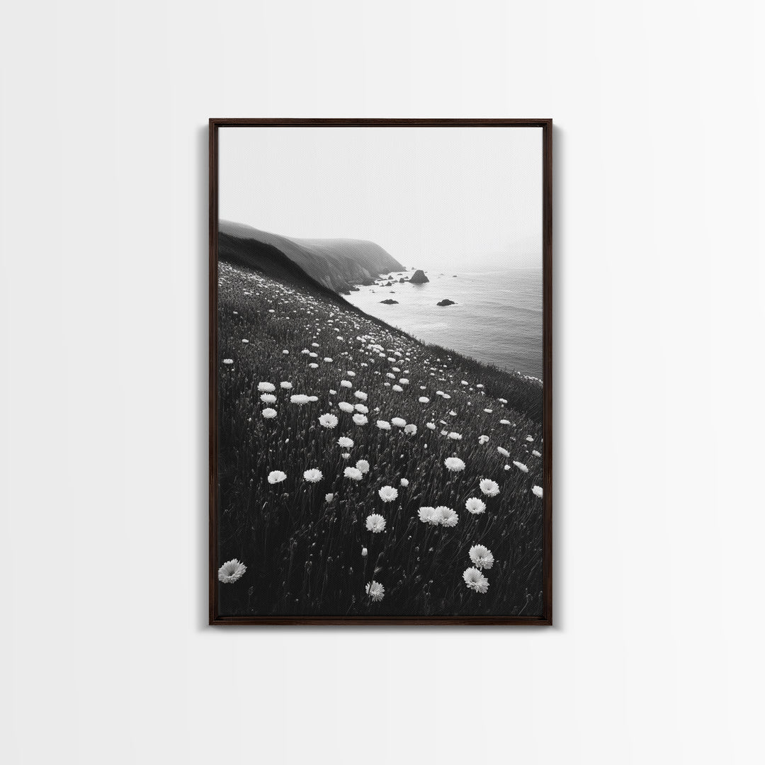 Daisy Cliffside Bloom, Coastal Flowers, Peaceful Nature Scene, Framed Canvas Print, Bedroom Wall Art, Botanical Decor, Minimalist Style